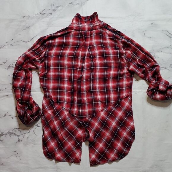 Sam Edelman Red Plaid Button Up with Zipper Cold Shoulders - Picture 4 of 5